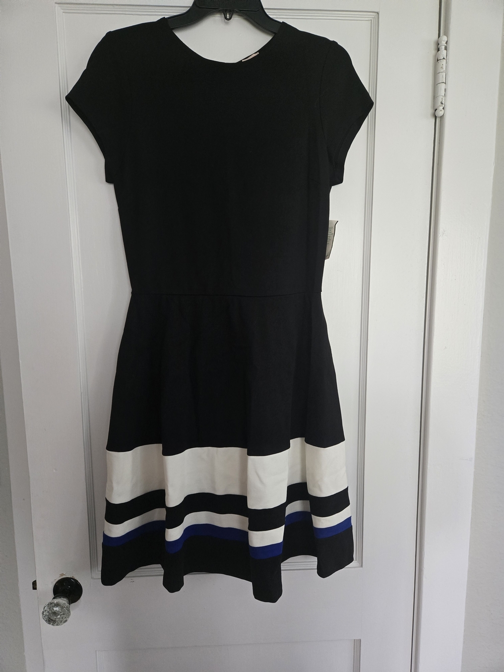 love...ady Black Midi Dress with White and Blue Stripes